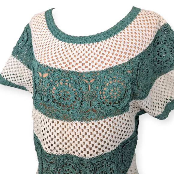 Cream & Sage Vintage Cotton Crochet Top ~ Shanghai Handmade Small - Picture 2 of 9